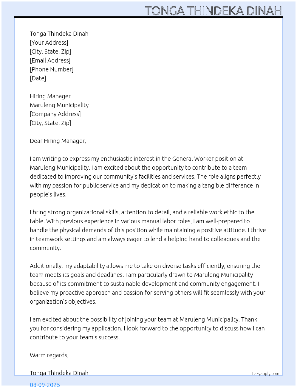 General Worker At Maruleng Municipality Cover Letter