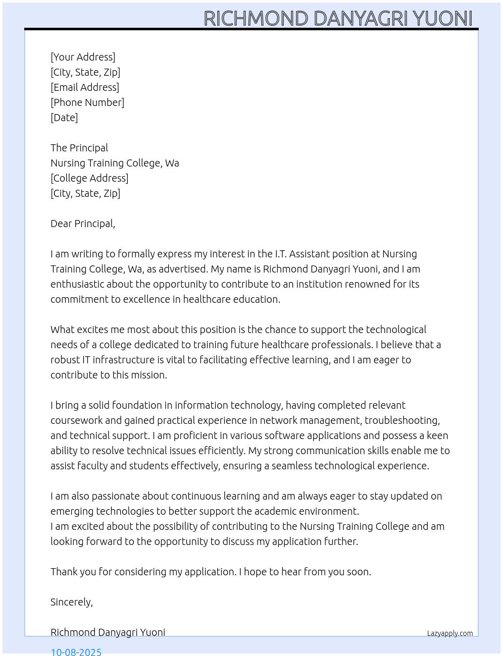 Cover letter for it assistant - LazyApply
