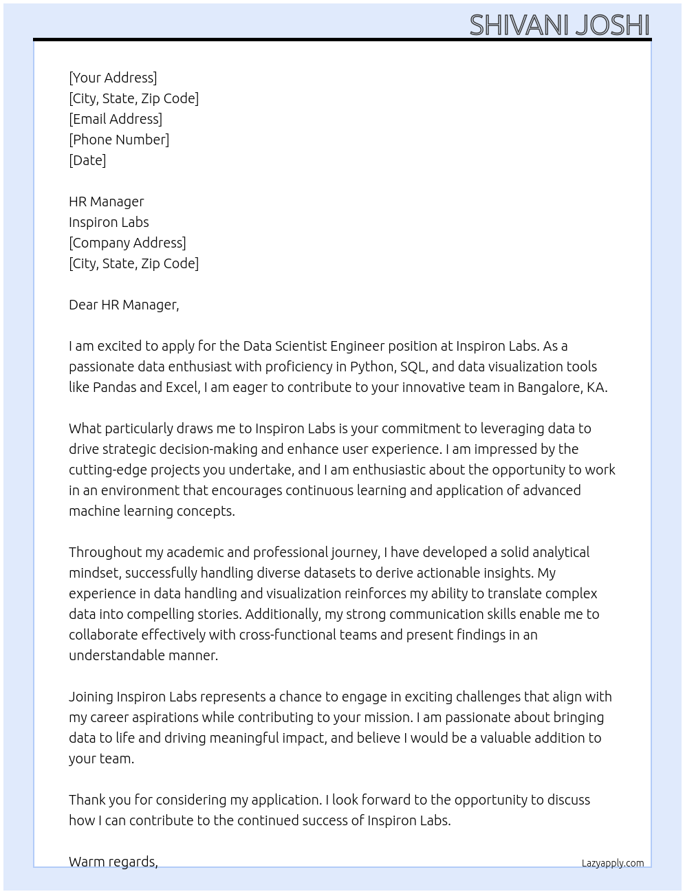 Cover letter for data scientist engineer - LazyApply