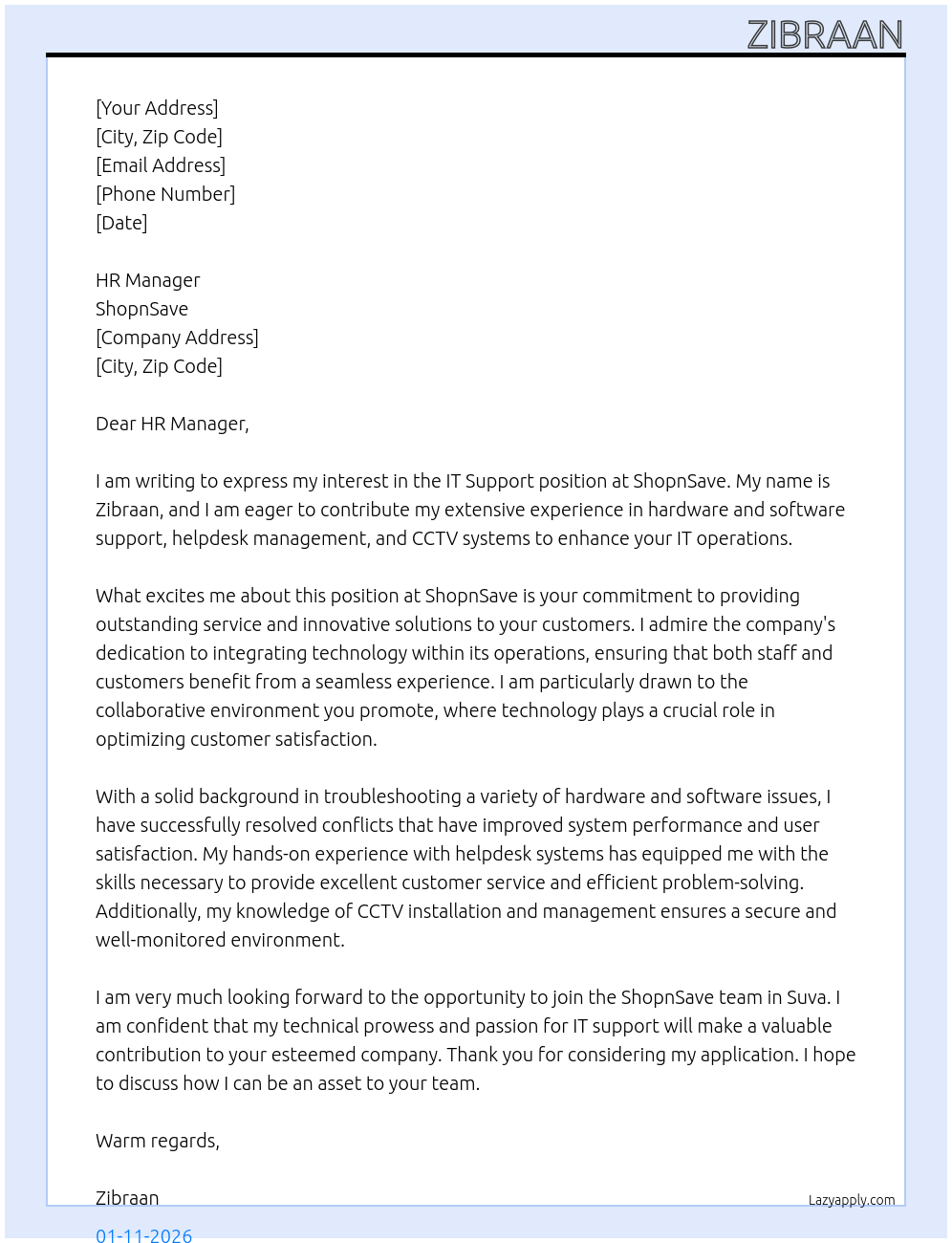 IT Support At ShopnSave Cover Letter