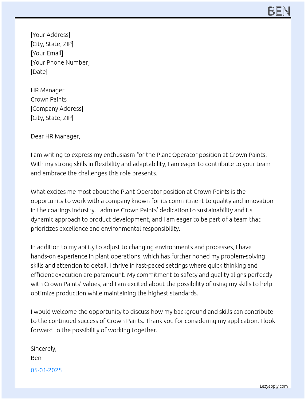 plant operator At Crown paints Cover Letter