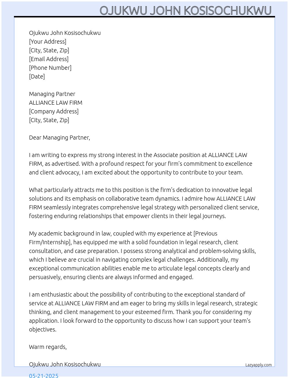 Associate  At ALLIANCE LAW FIRM Cover Letter