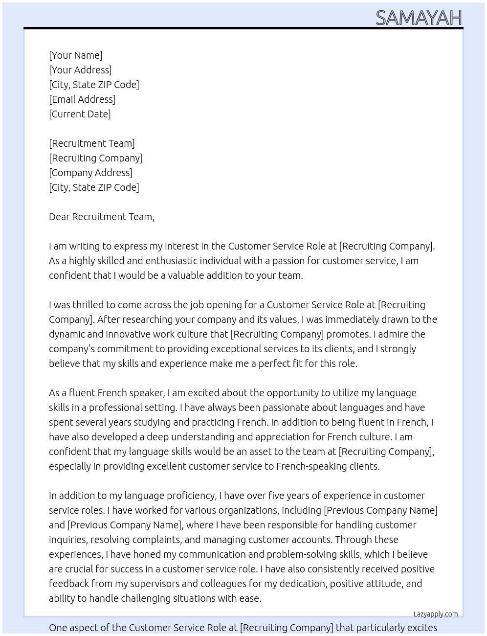 Customer Service Role At Recruiting Cover Letter