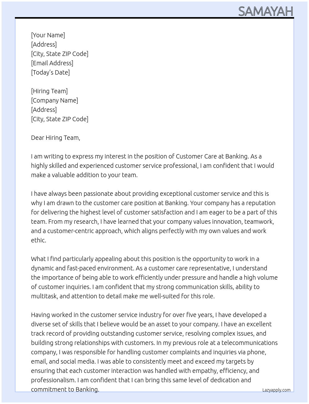 Customer care At Banking Cover Letter