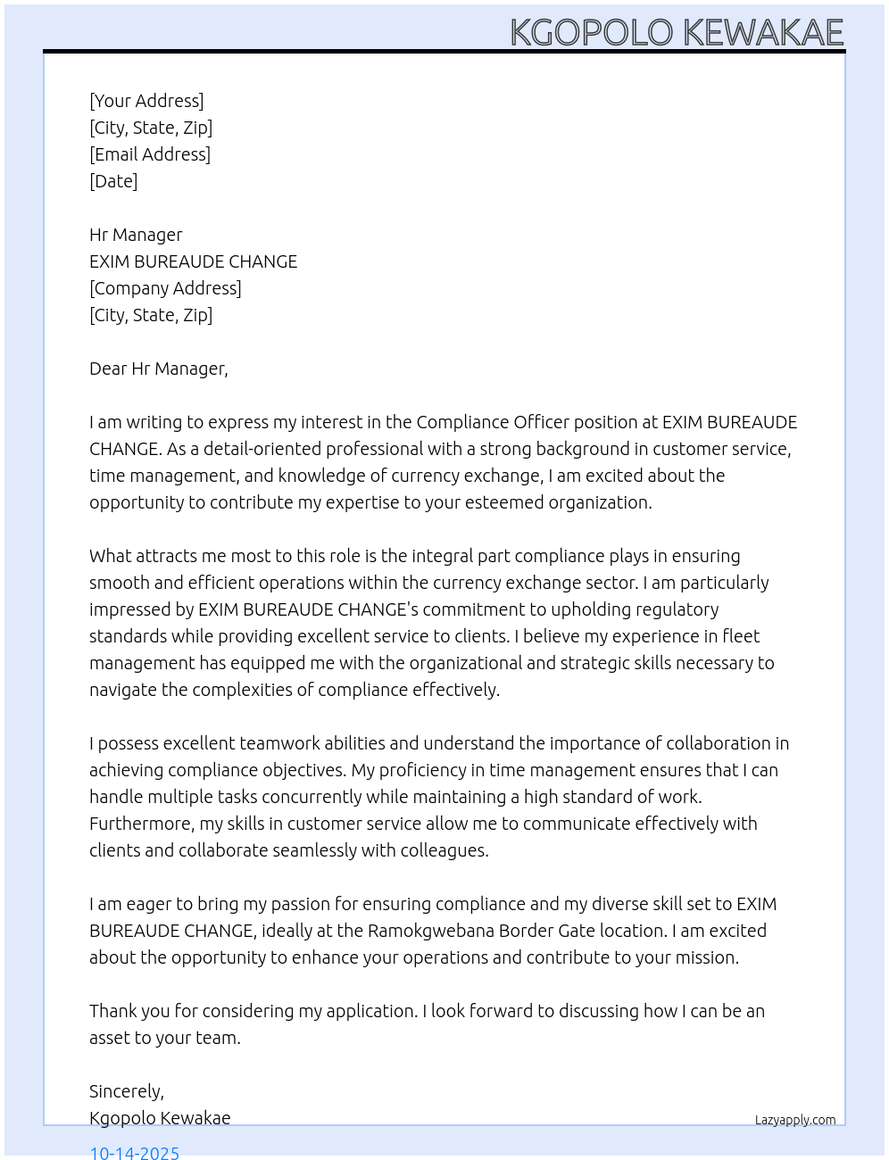 Cover letter for compliance officer - LazyApply