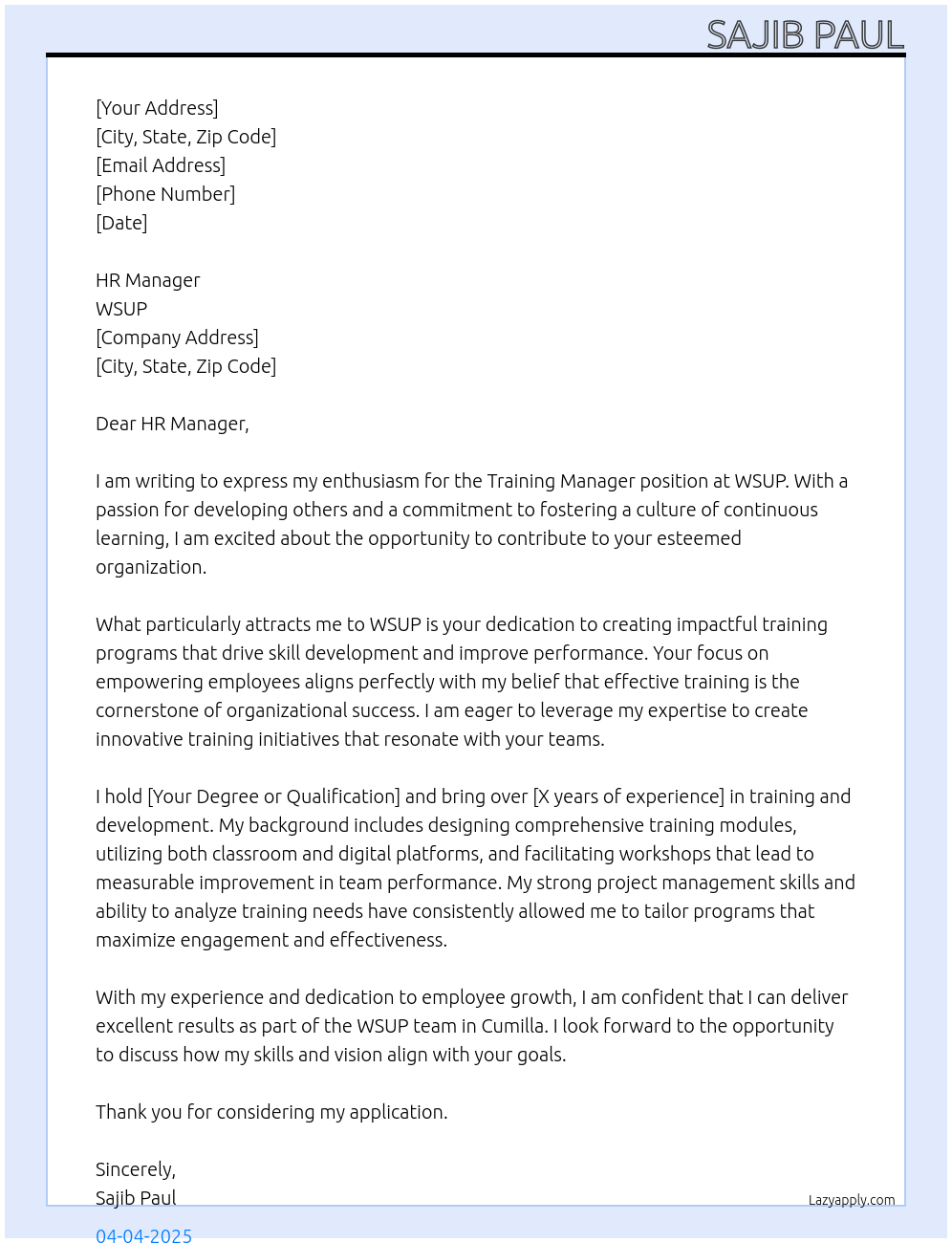 Training Manager At WSUP Cover Letter