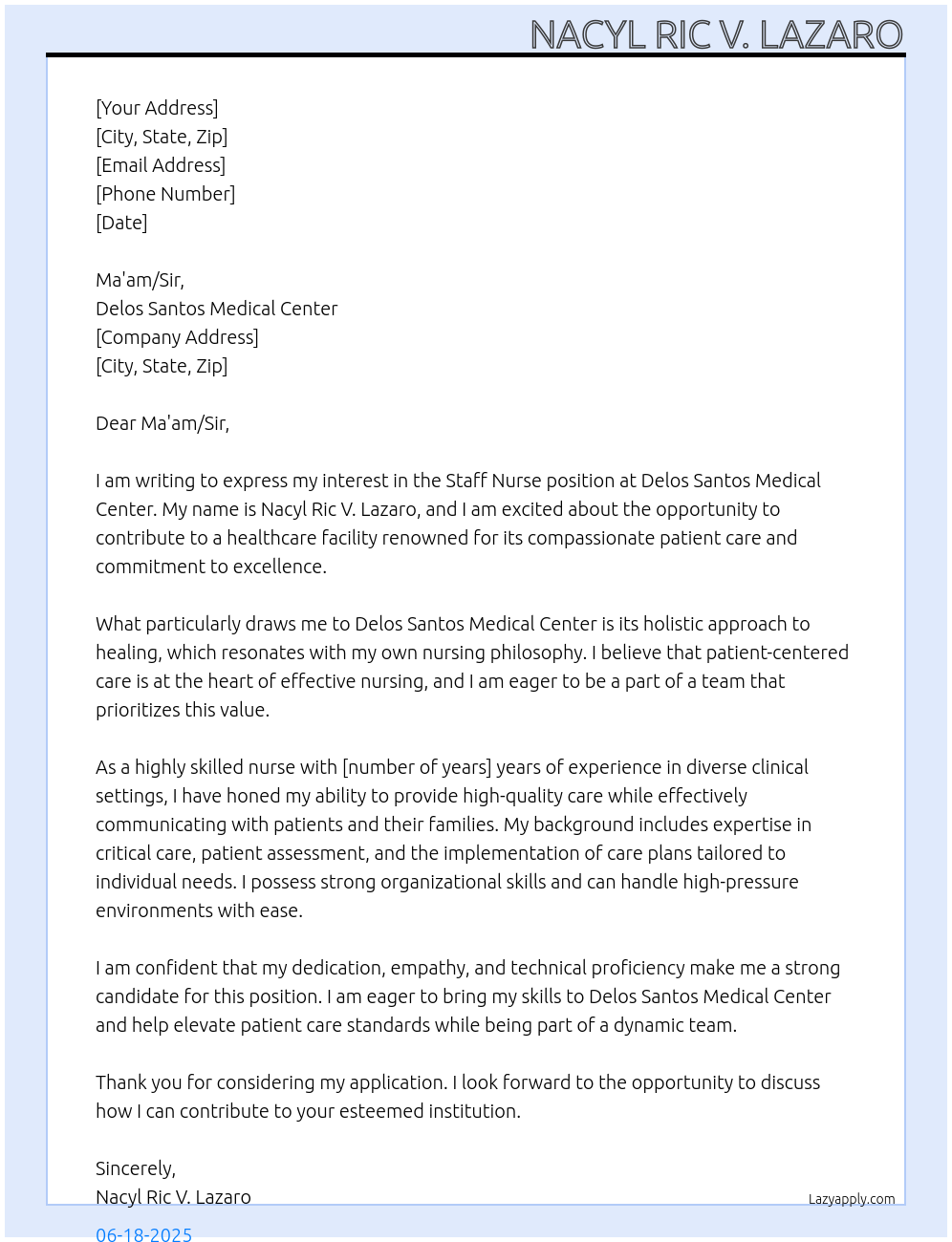 Staff Nurse At Delos Santos Medical Center Cover Letter