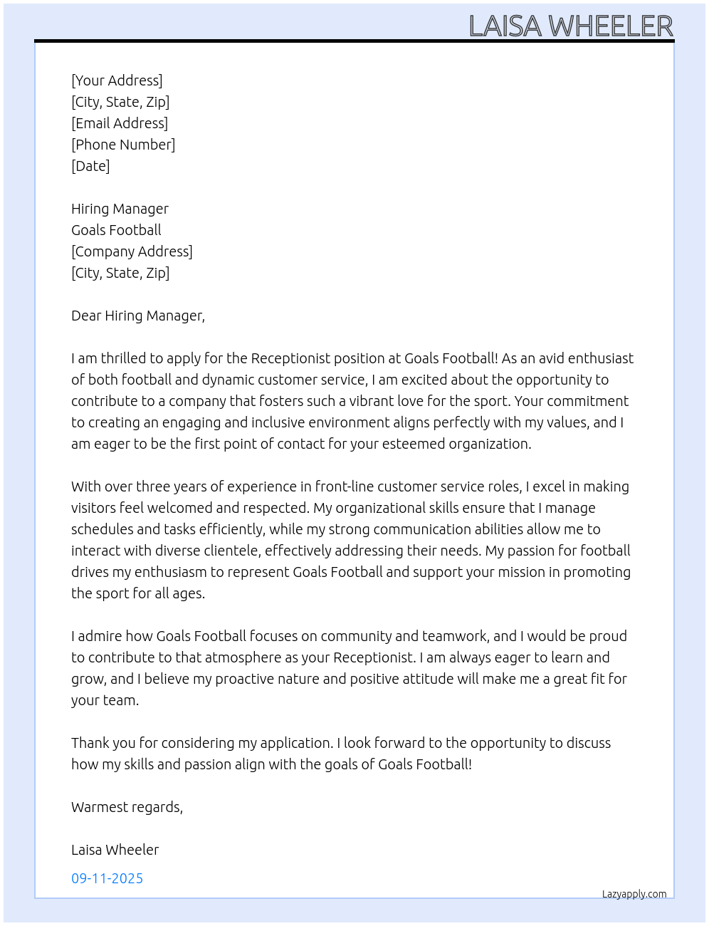 Receptionist At Goals Football Cover Letter