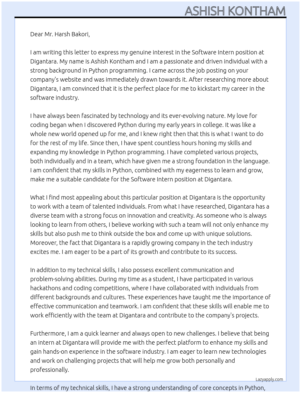 Software intern At Digantara Cover Letter