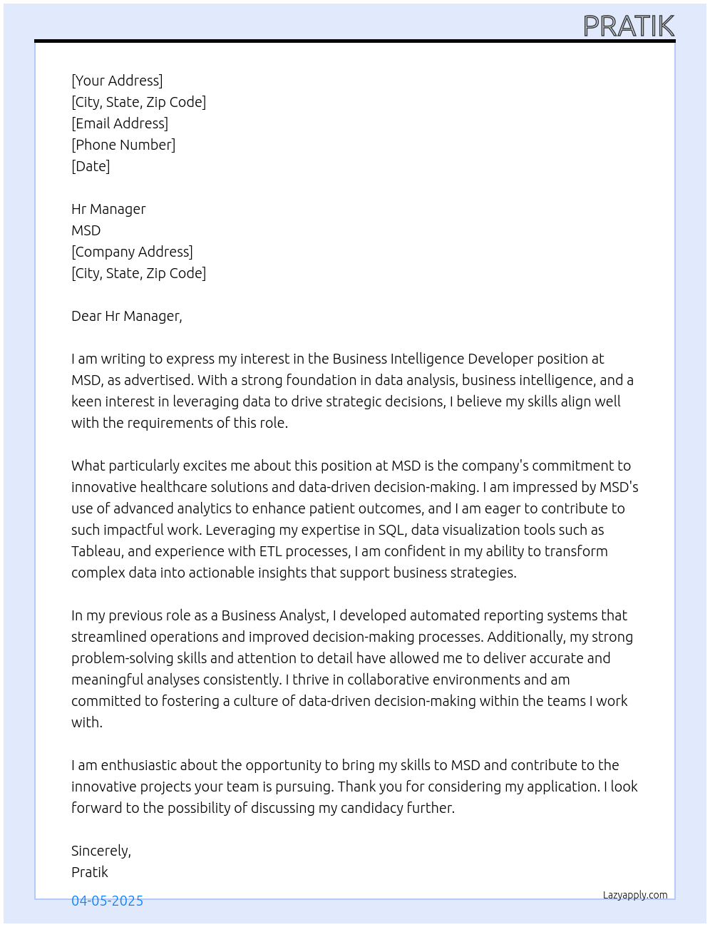 Cover letter for business intelligence developer - LazyApply