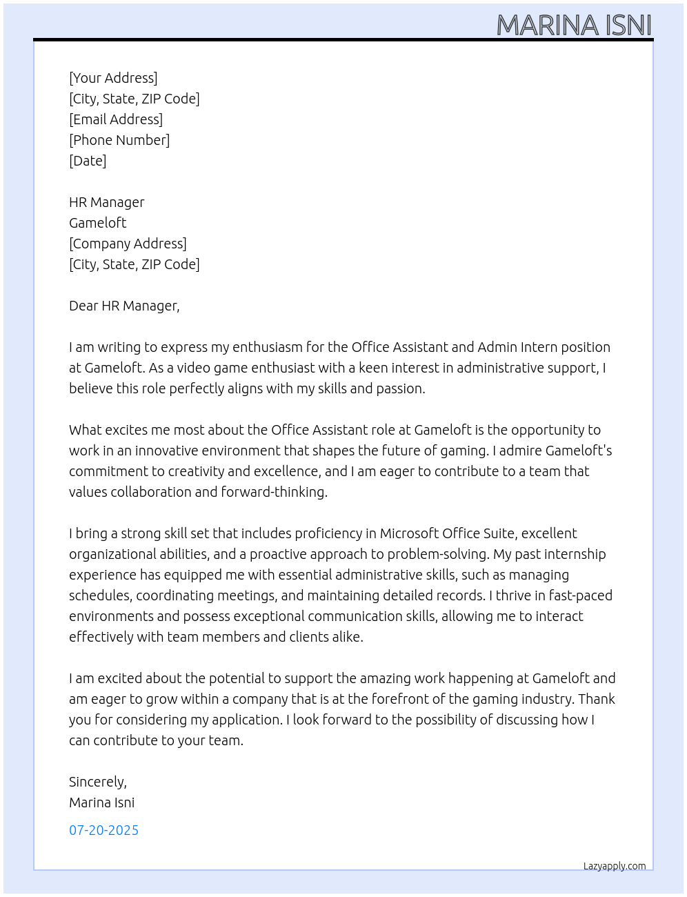 Office Assistant and Admin Intern At Gameloft Cover Letter