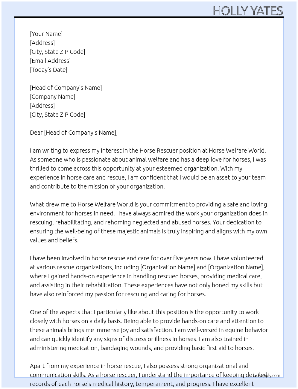 horse rescuer At horse welfare world Cover Letter