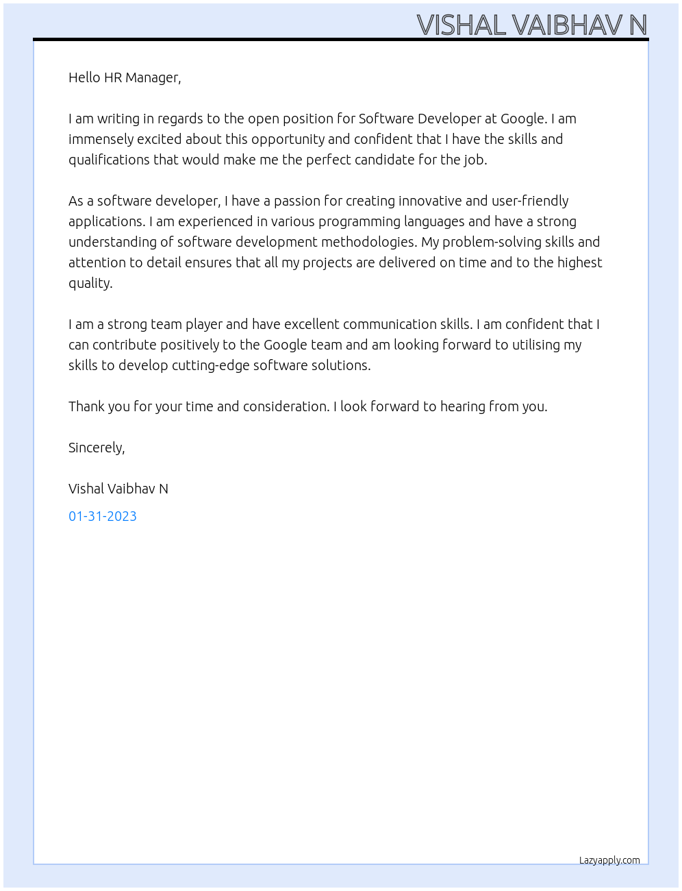Software Developer At Google Cover Letter