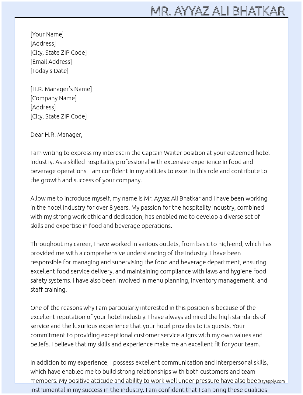 Cover letter for captain waiter - LazyApply