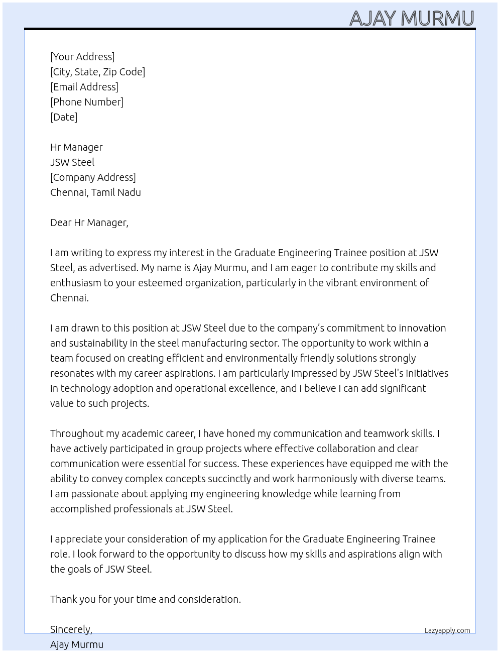 Graduate Engineering Trainee At JSW Steel Cover Letter