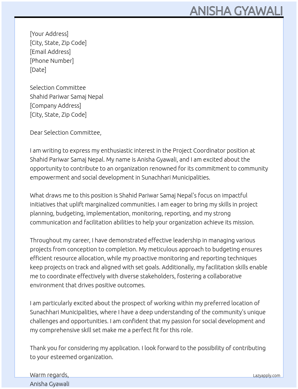 Project coordinator At Shahid Pariwar Samaj Nepal Cover Letter