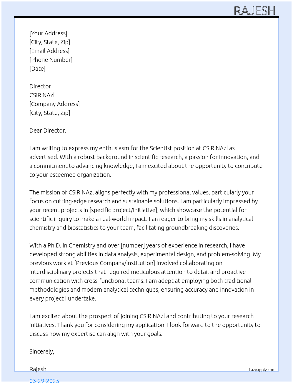 Cover letter for apply for the scientist - LazyApply