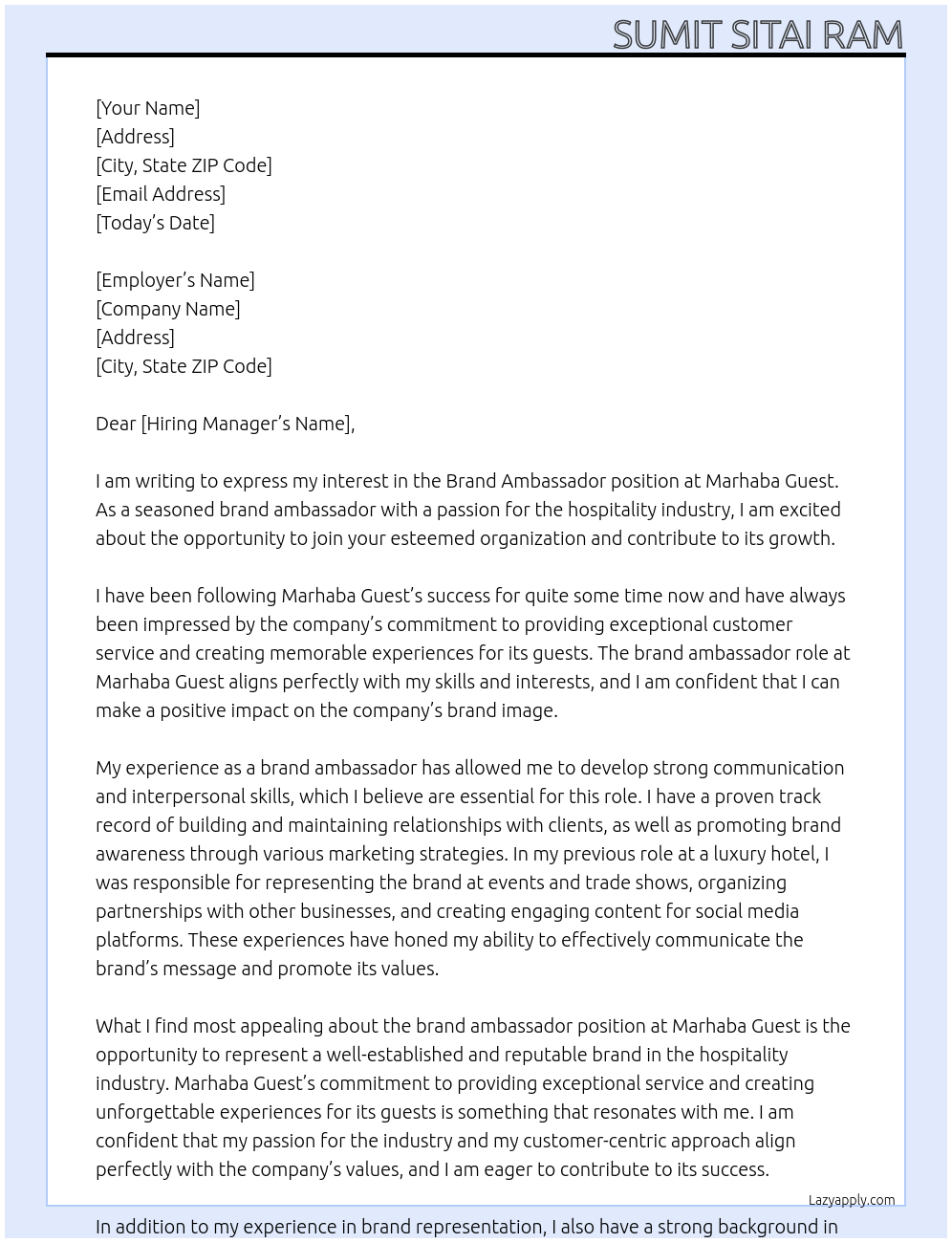Brand ambassador At Marhaba guest Cover Letter