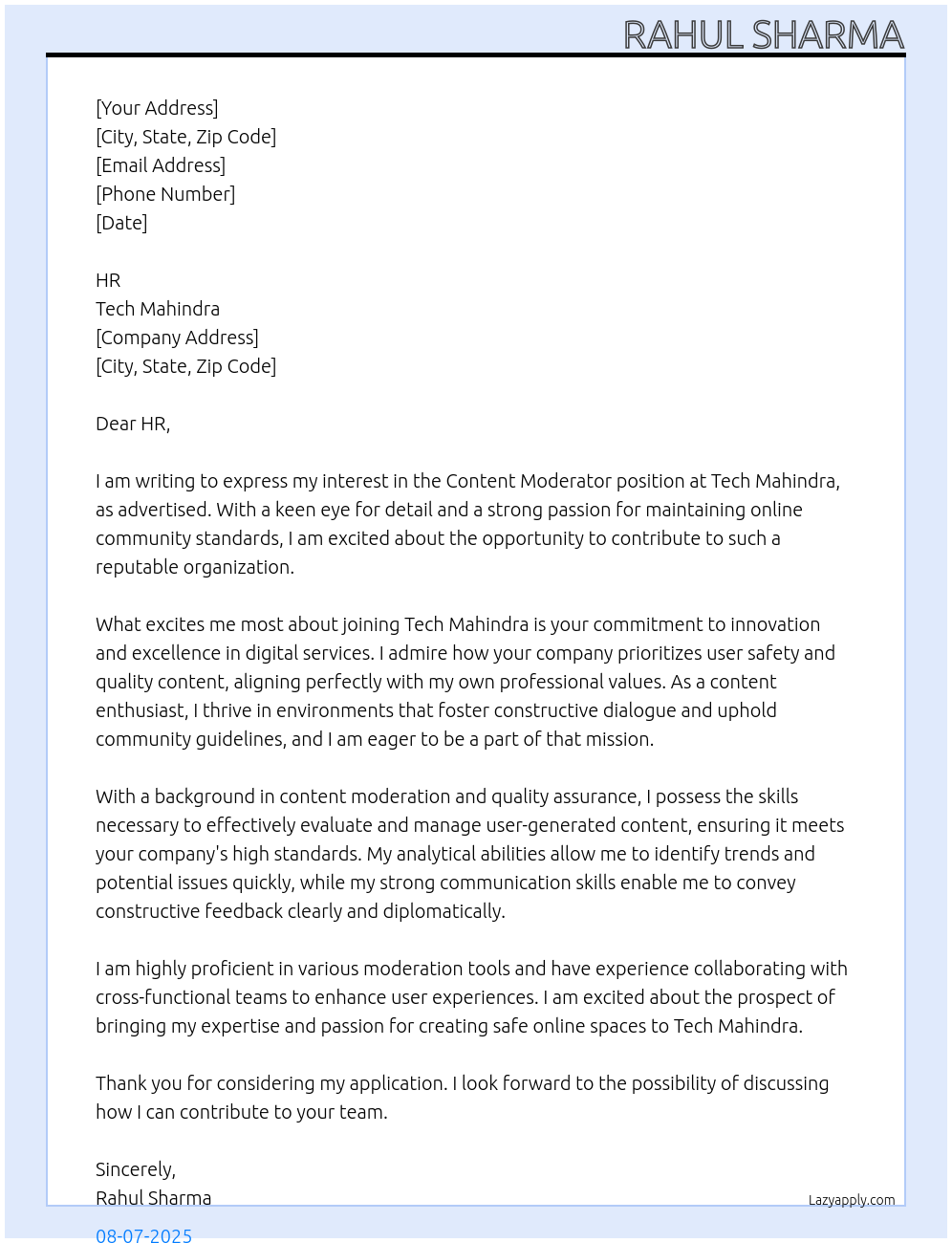 Cover letter for content moderator - LazyApply
