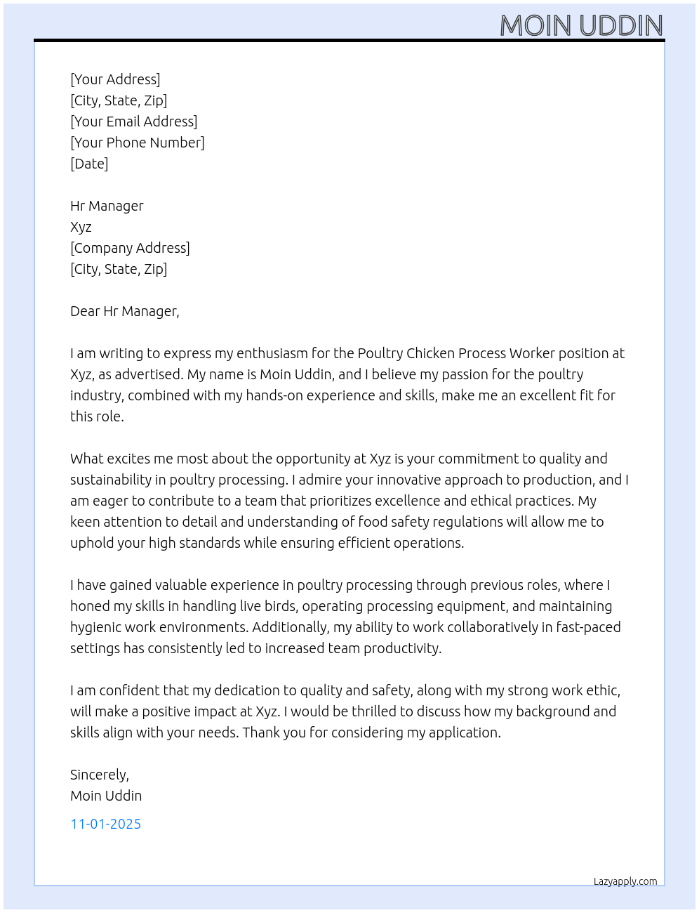 Poultry chicken process worker  At Xyz Cover Letter