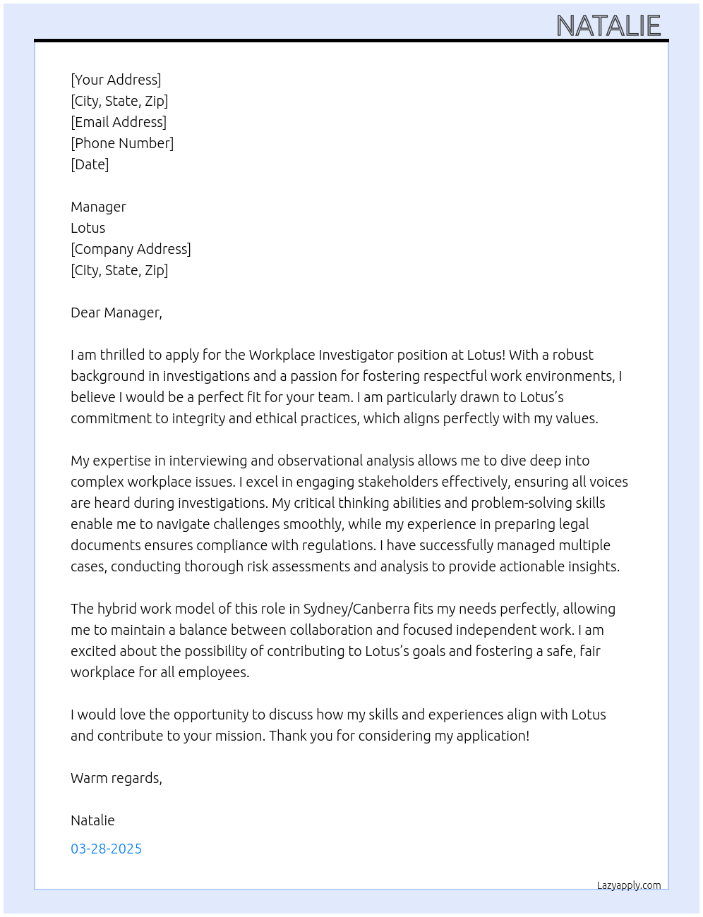 Cover letter for workplace investigator - LazyApply