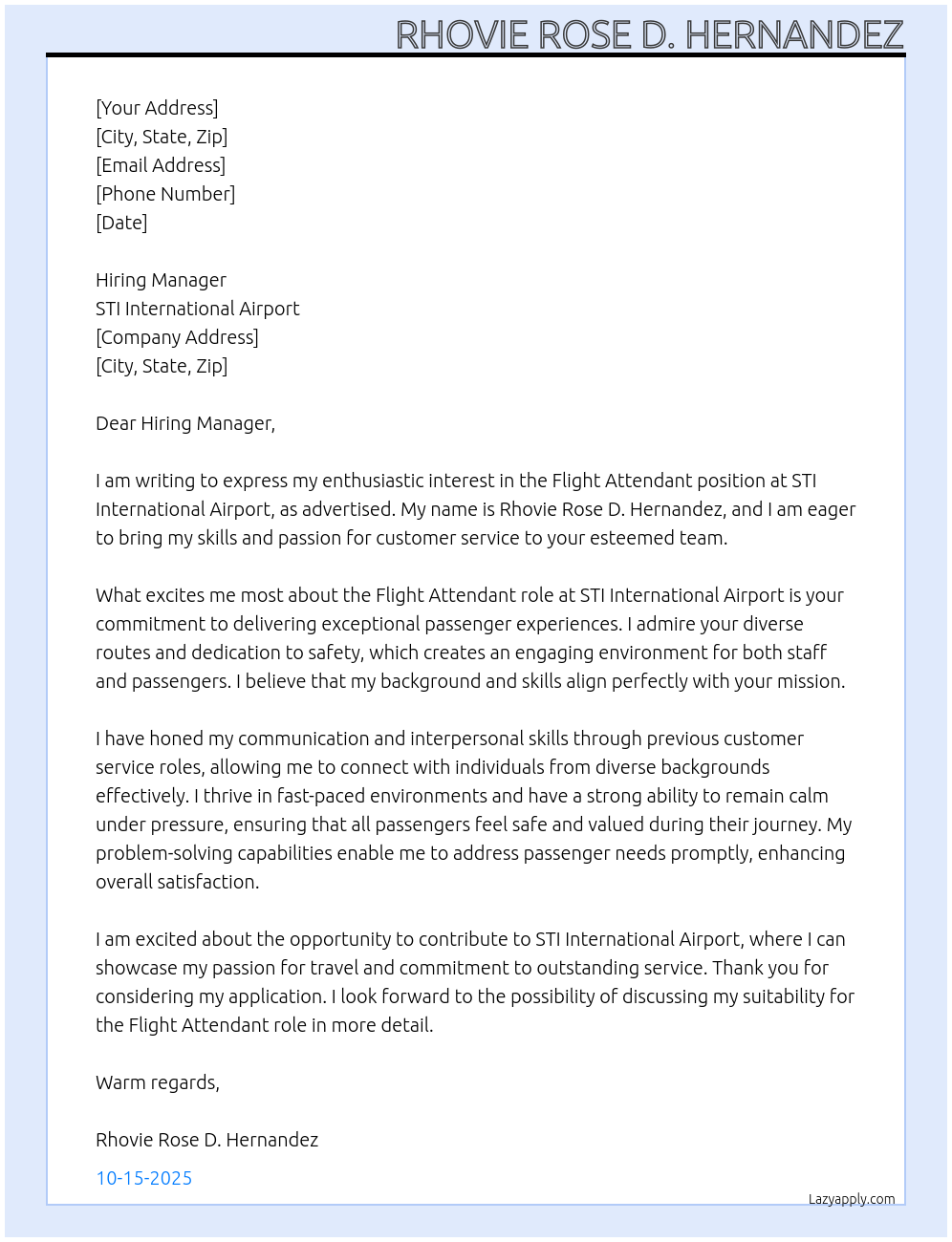 Flight Attendant At STI INTERNATIONAL AIRPORT Cover Letter
