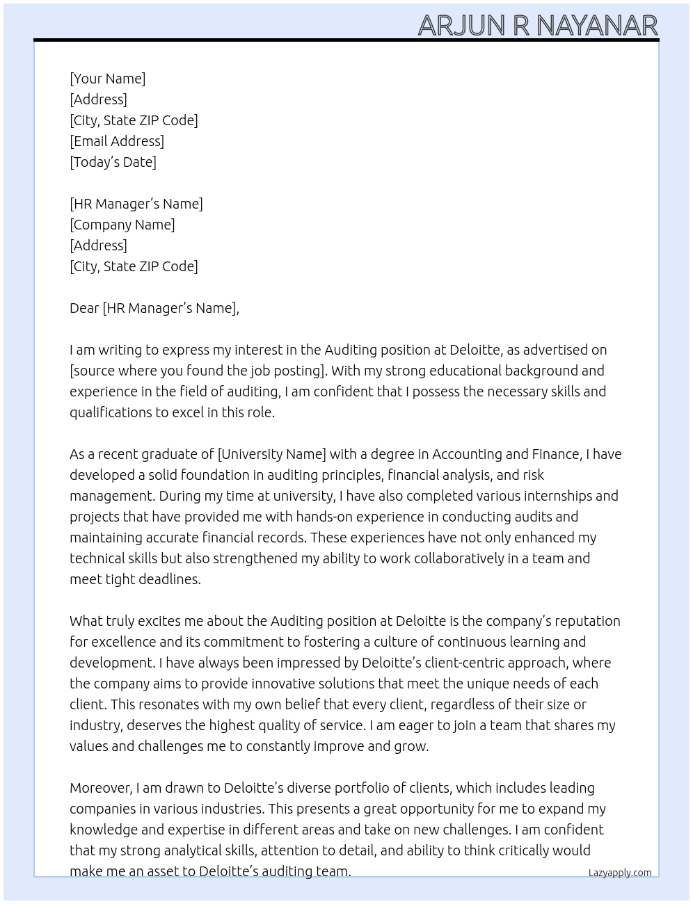 auditing At delloite Cover Letter