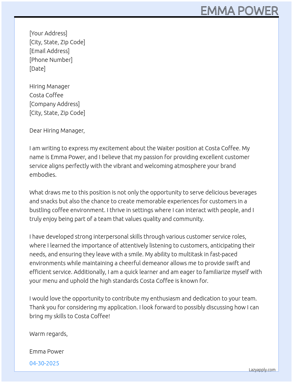 Waiter At Costa Coffee Cover Letter