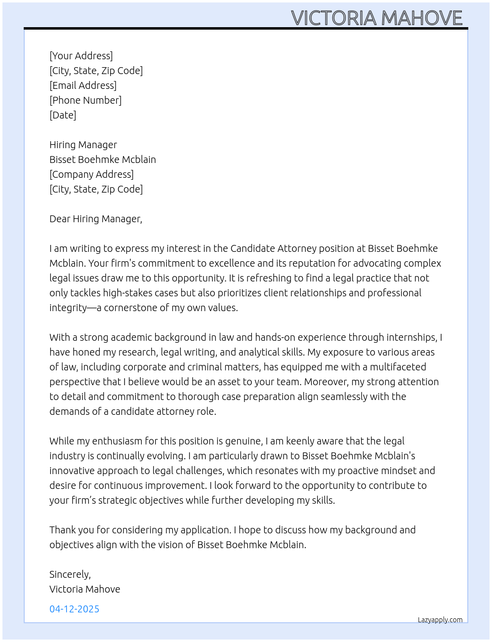 candidate attorney At Bisset Boehmke Mcblain Cover Letter