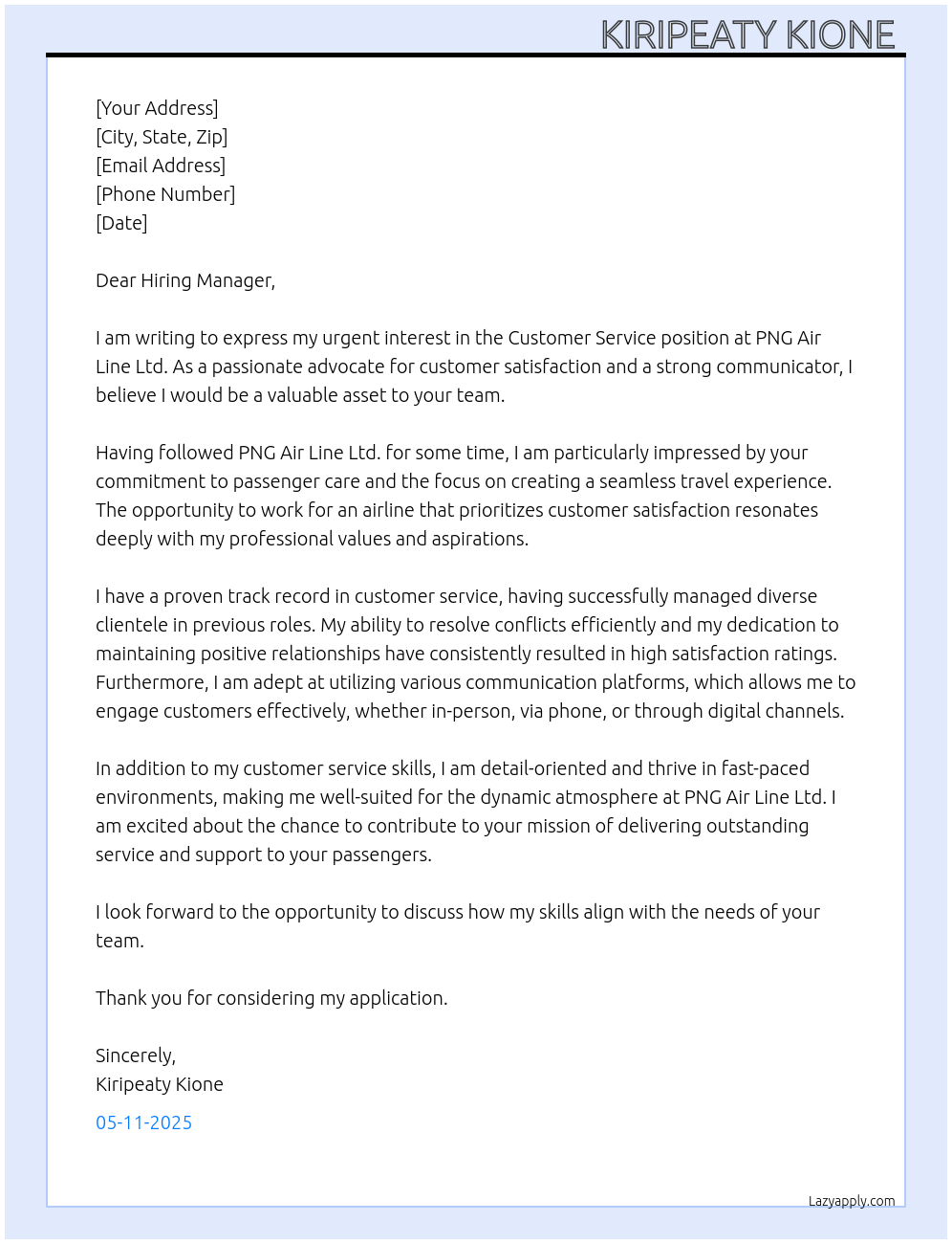 Cover letter for applying for a customer service - LazyApply