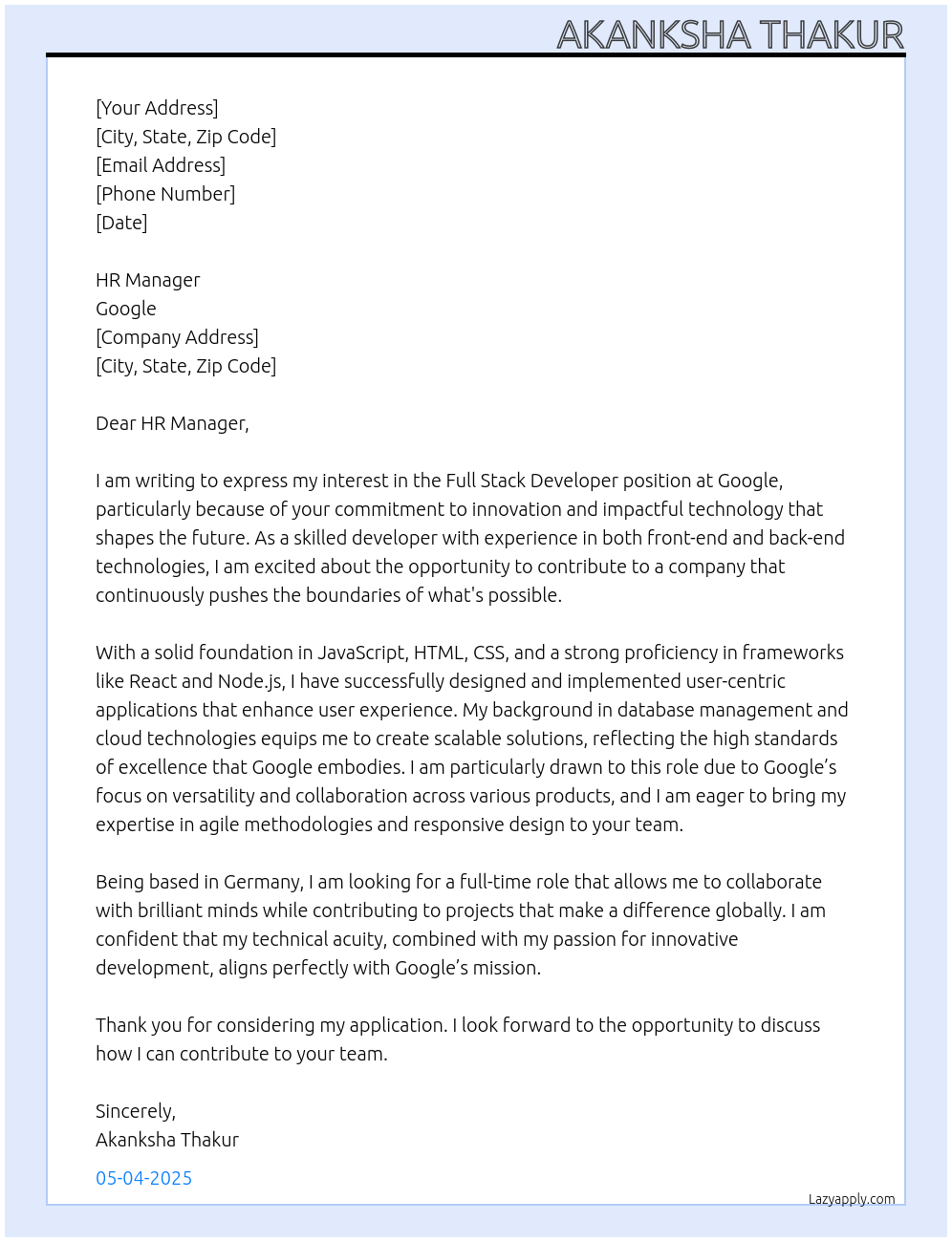 full stack developer At google Cover Letter