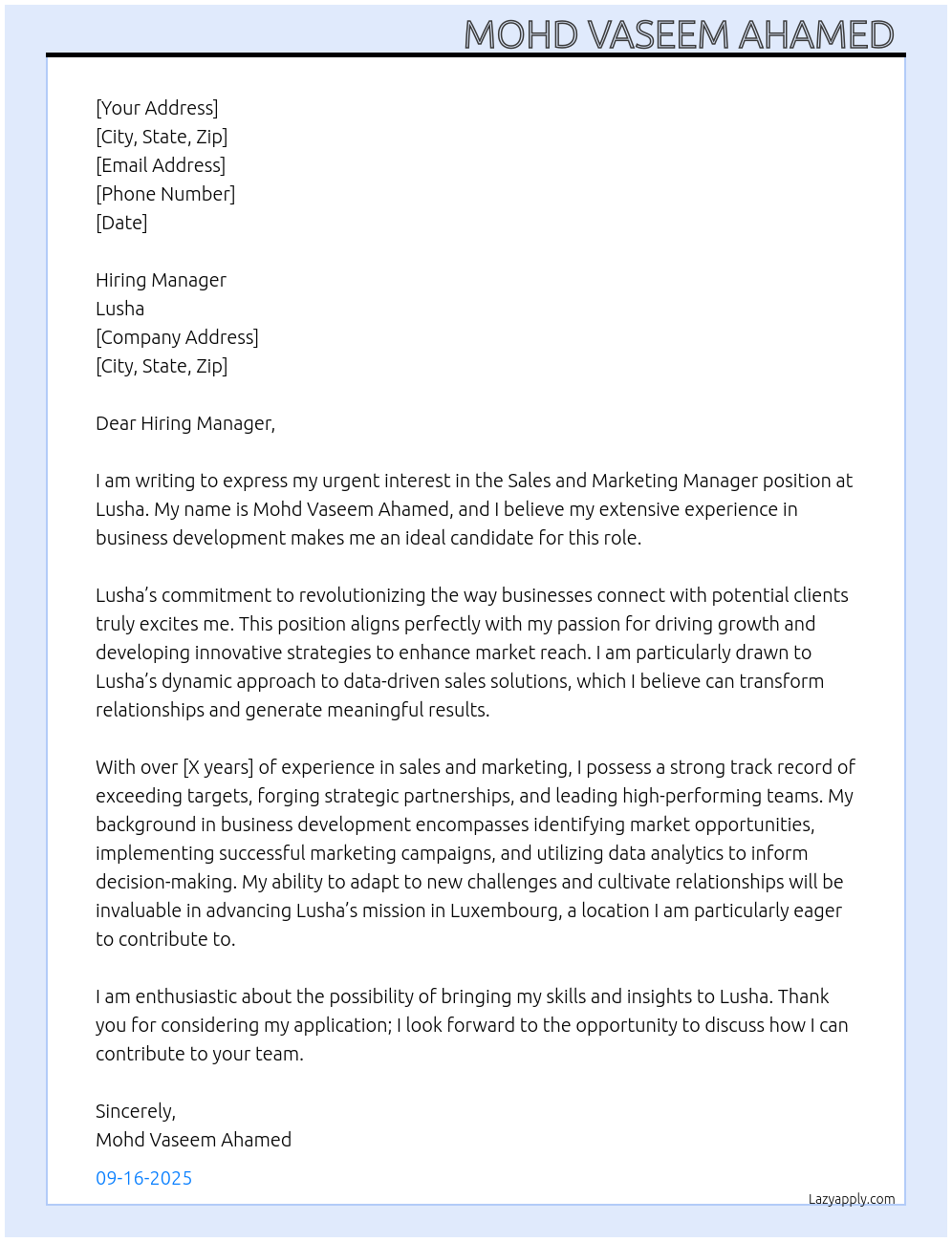 Cover letter for sales and marketing manager - LazyApply