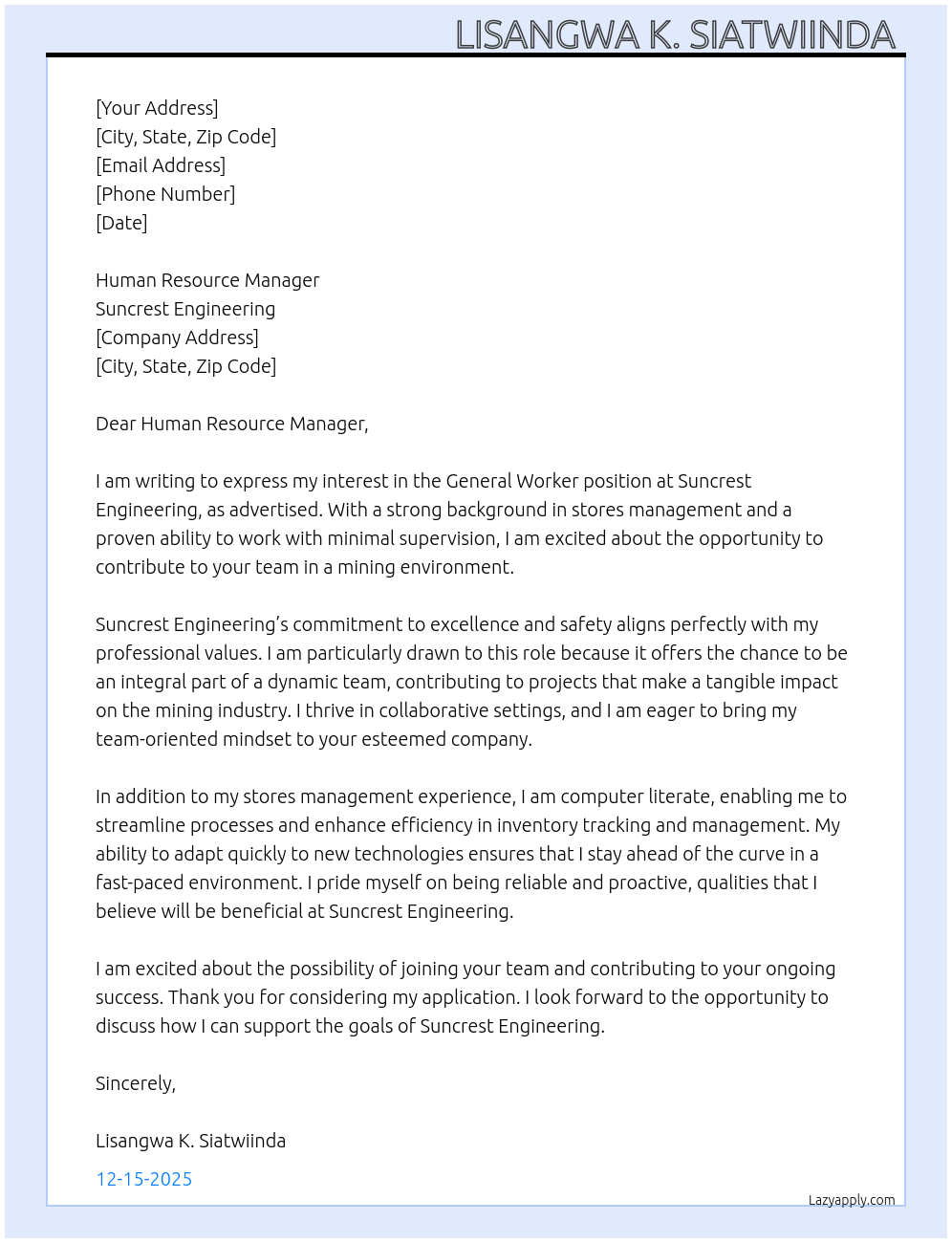 General worker At Suncrest Engineering Cover Letter