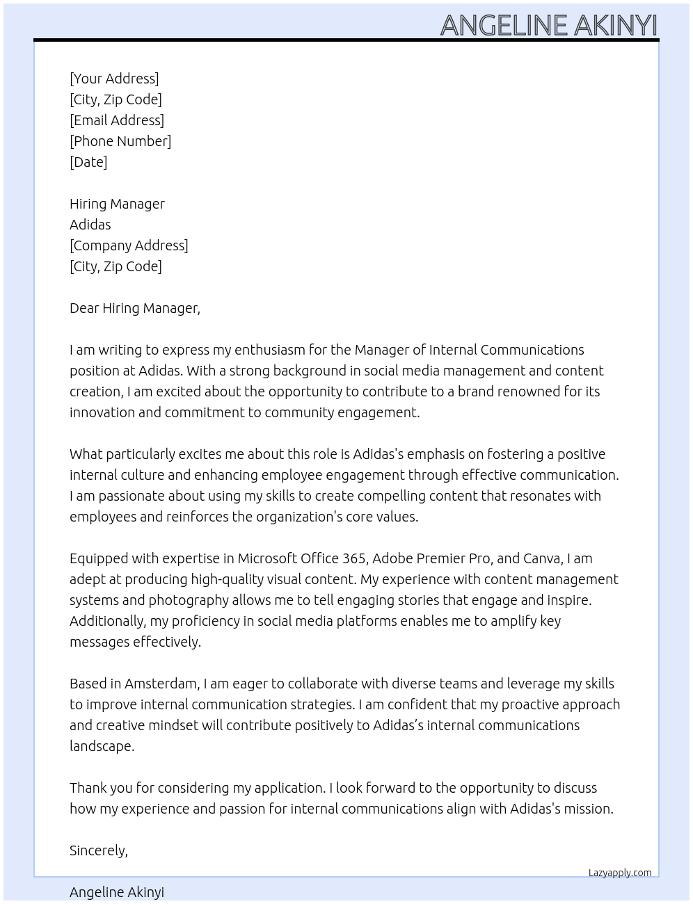 Manager Internal Communications At Adidas Cover Letter