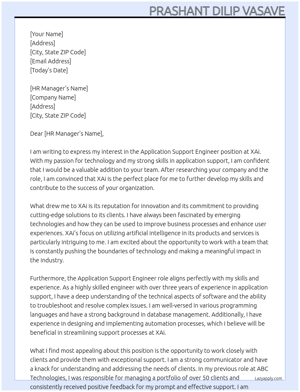 Application Support Engineer At XAi Cover Letter