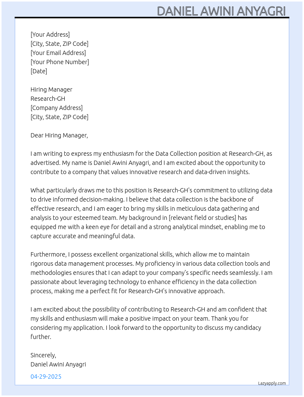 Data Collection  At Research-GH  Cover Letter