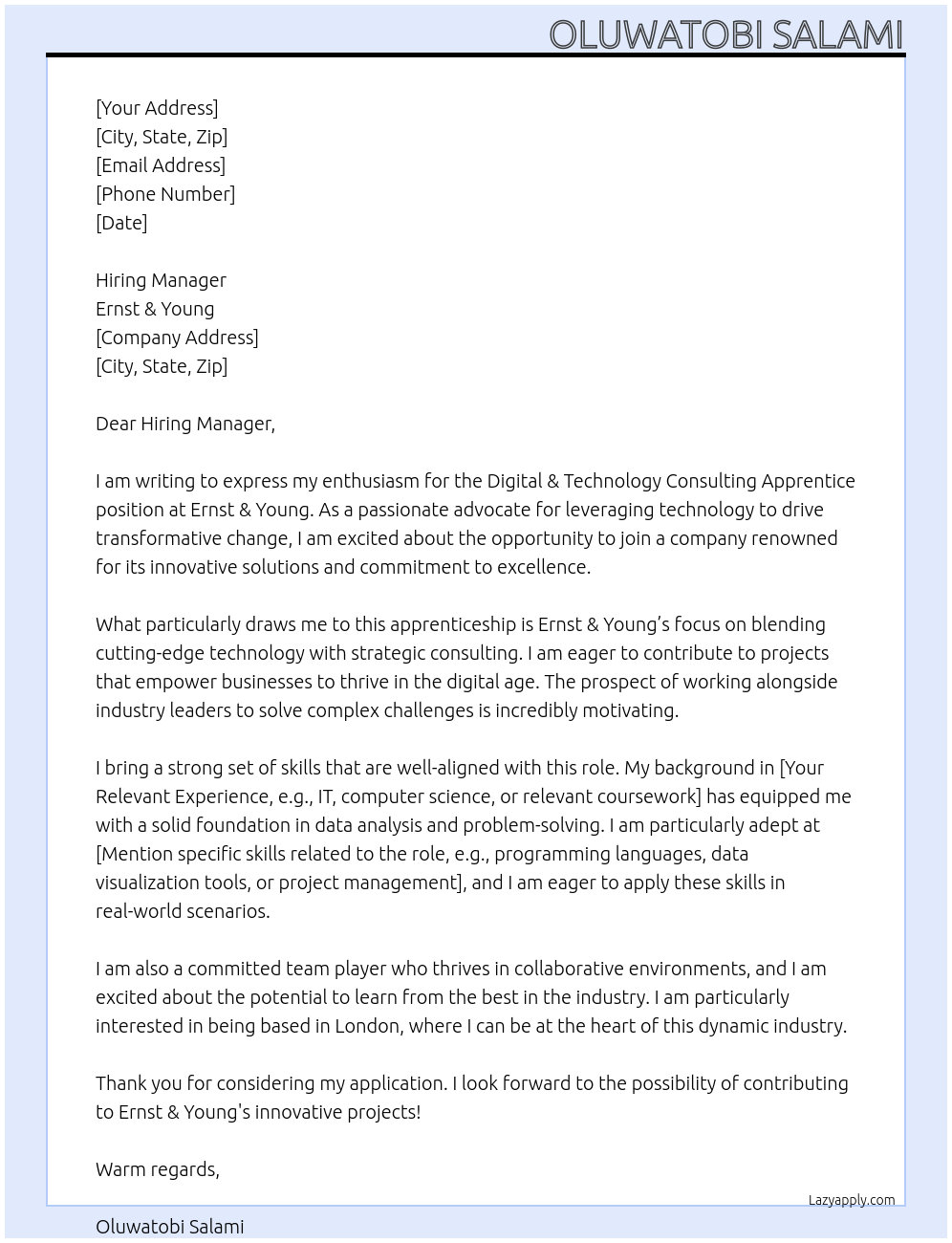 Digital & Technology Consulting Apprentice At Ernst & Young Cover Letter