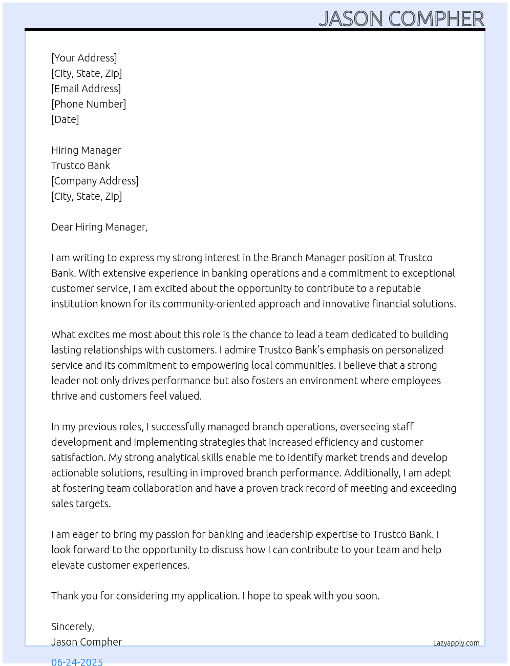 Branch Manager At Trustco Bank Cover Letter