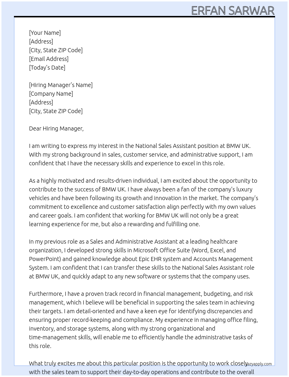 Cover letter for national sales assistant - LazyApply