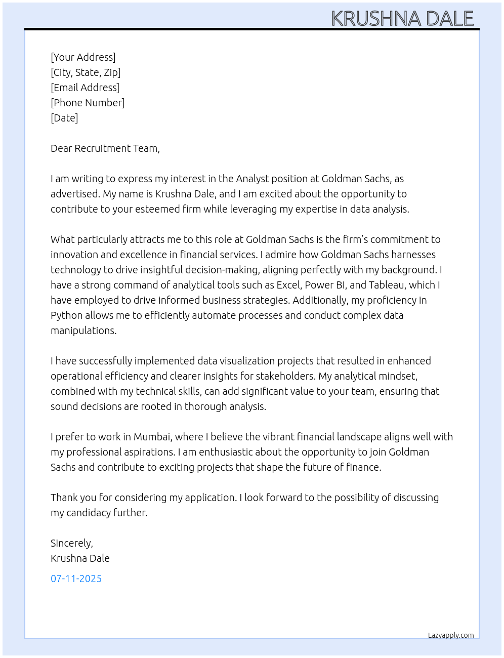 Analyst At Goldman Sachs Cover Letter