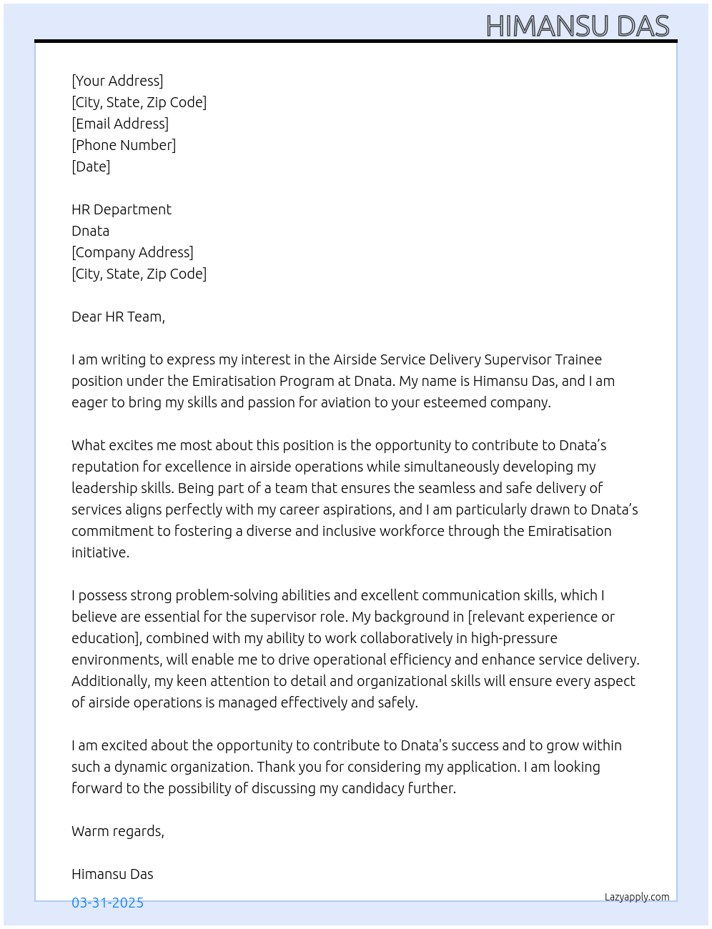 Cover letter for airside service delivery supervisor trainee - emiratisation program - LazyApply