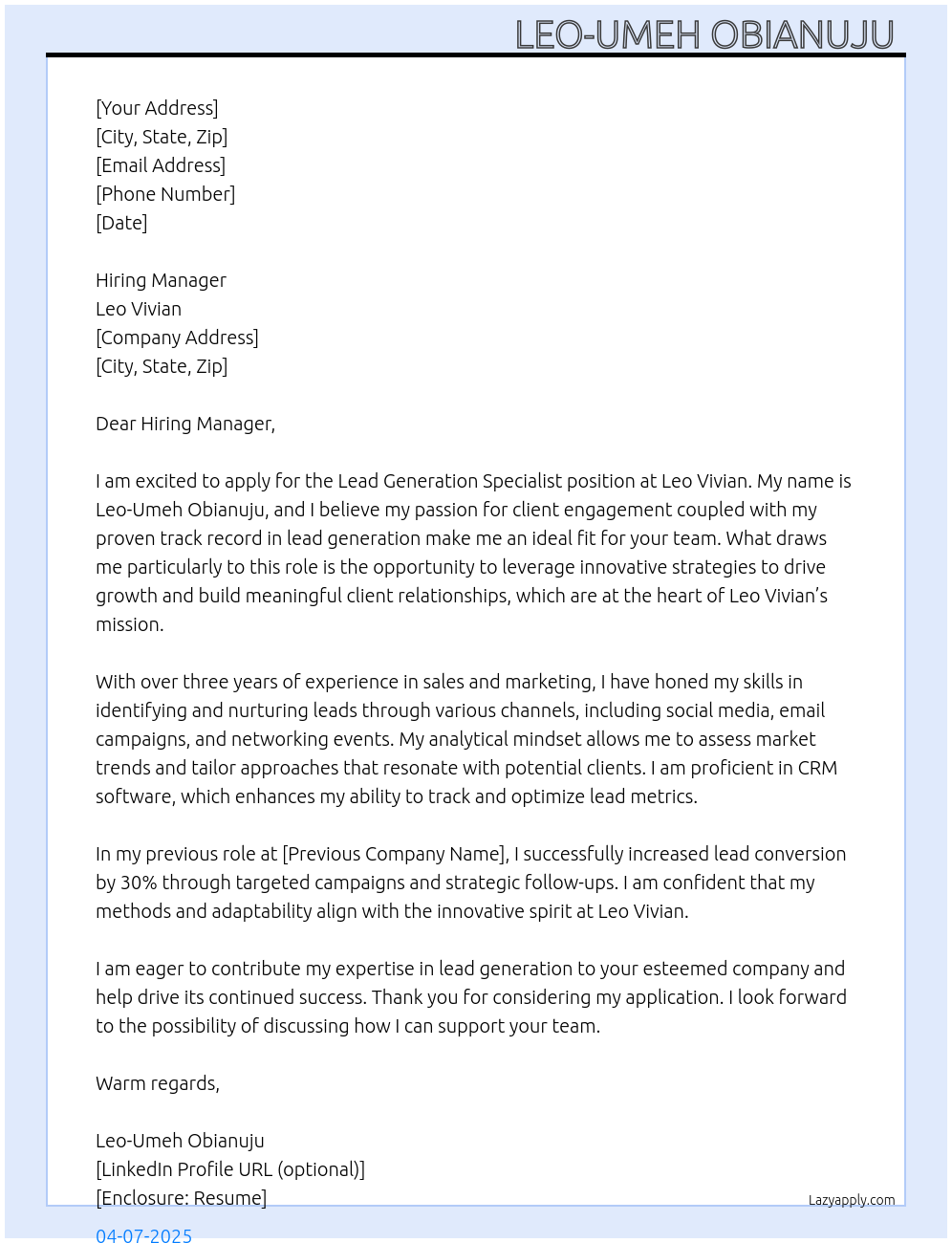 lead generation specialist At Leo Vivian Cover Letter