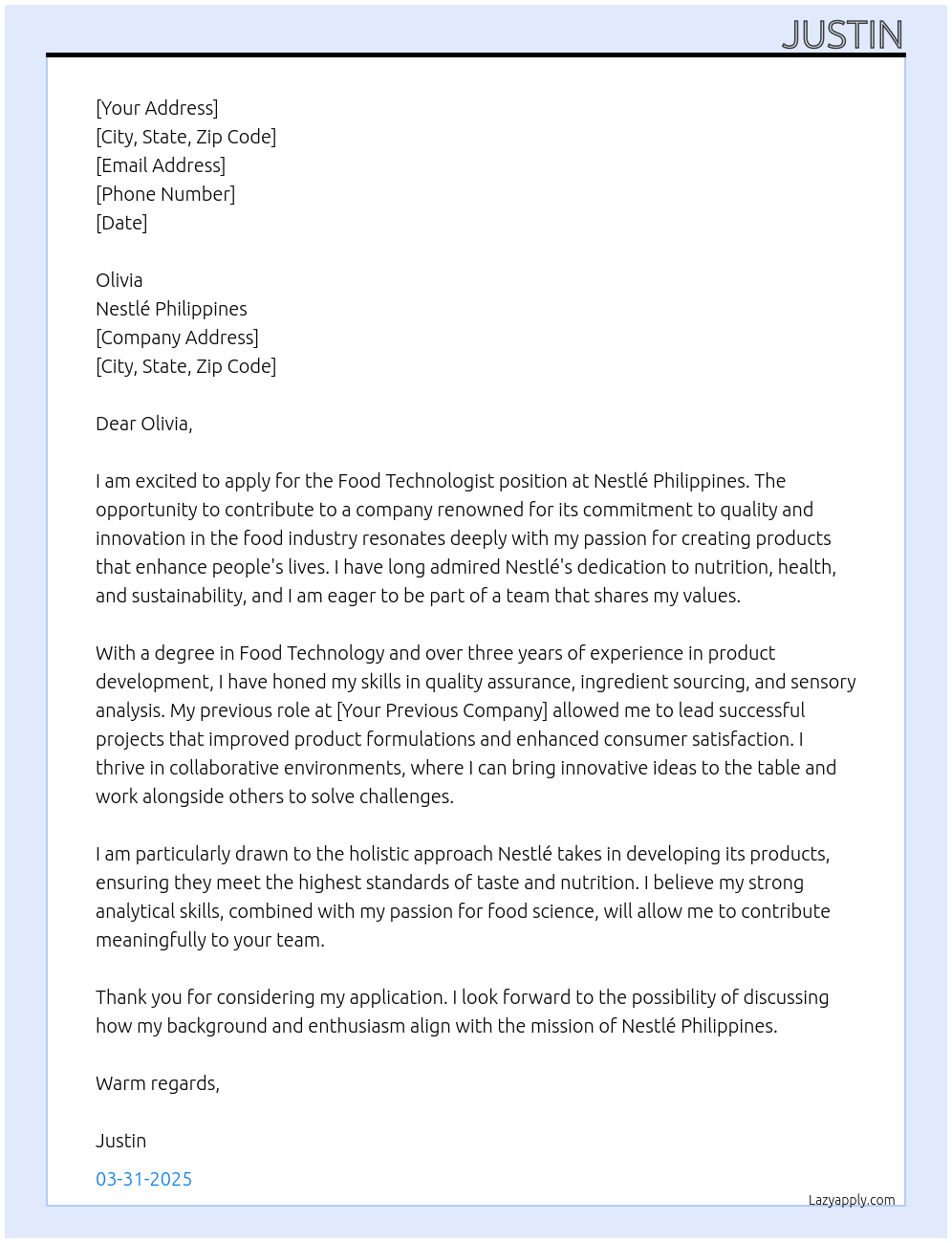 Food Technologist At Nestlé Philippines Cover Letter