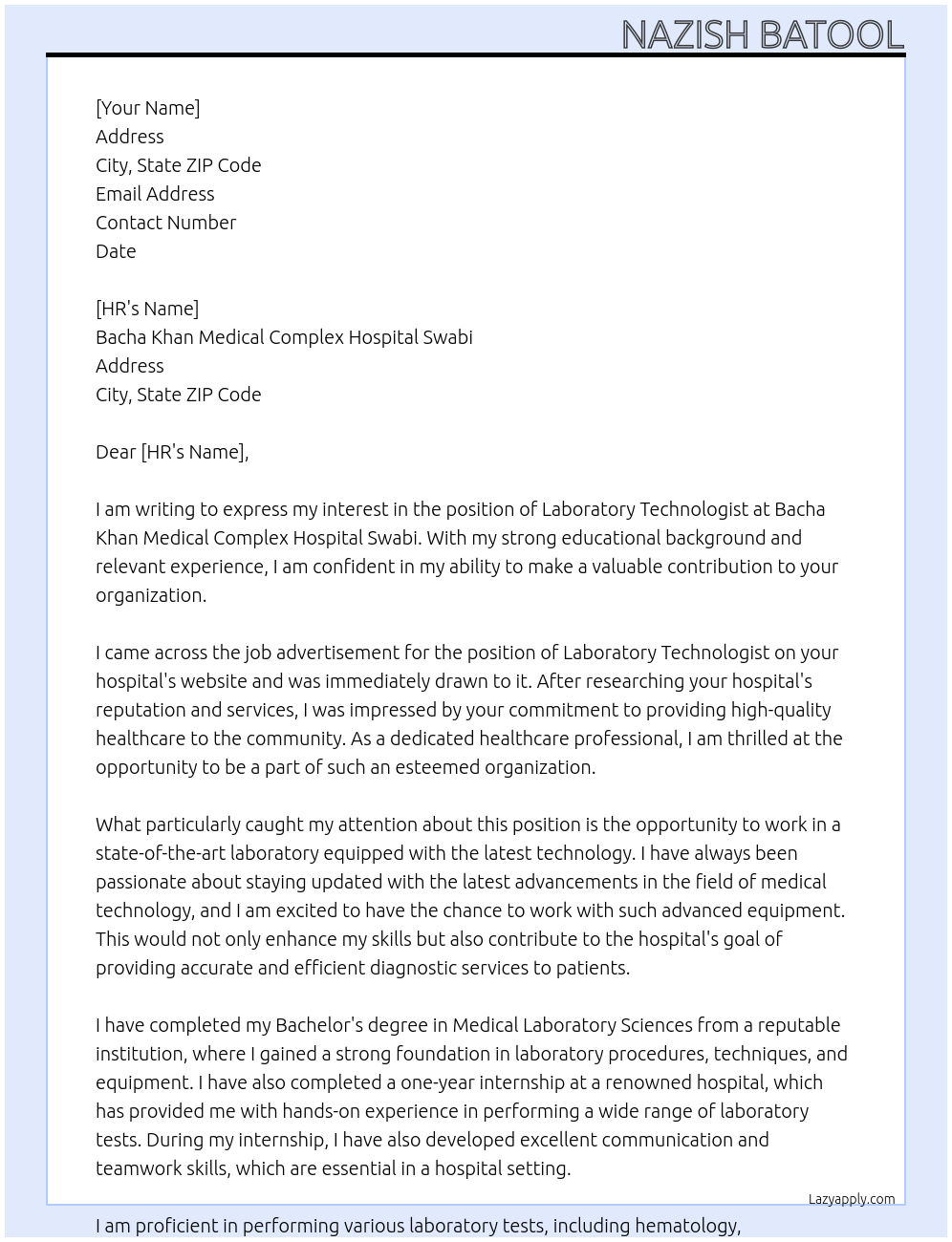 laboratory technologist At bacha khan medical complex hospital swabi Cover Letter