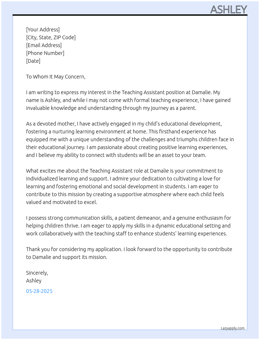 Teaching assistant At Damalie Cover Letter