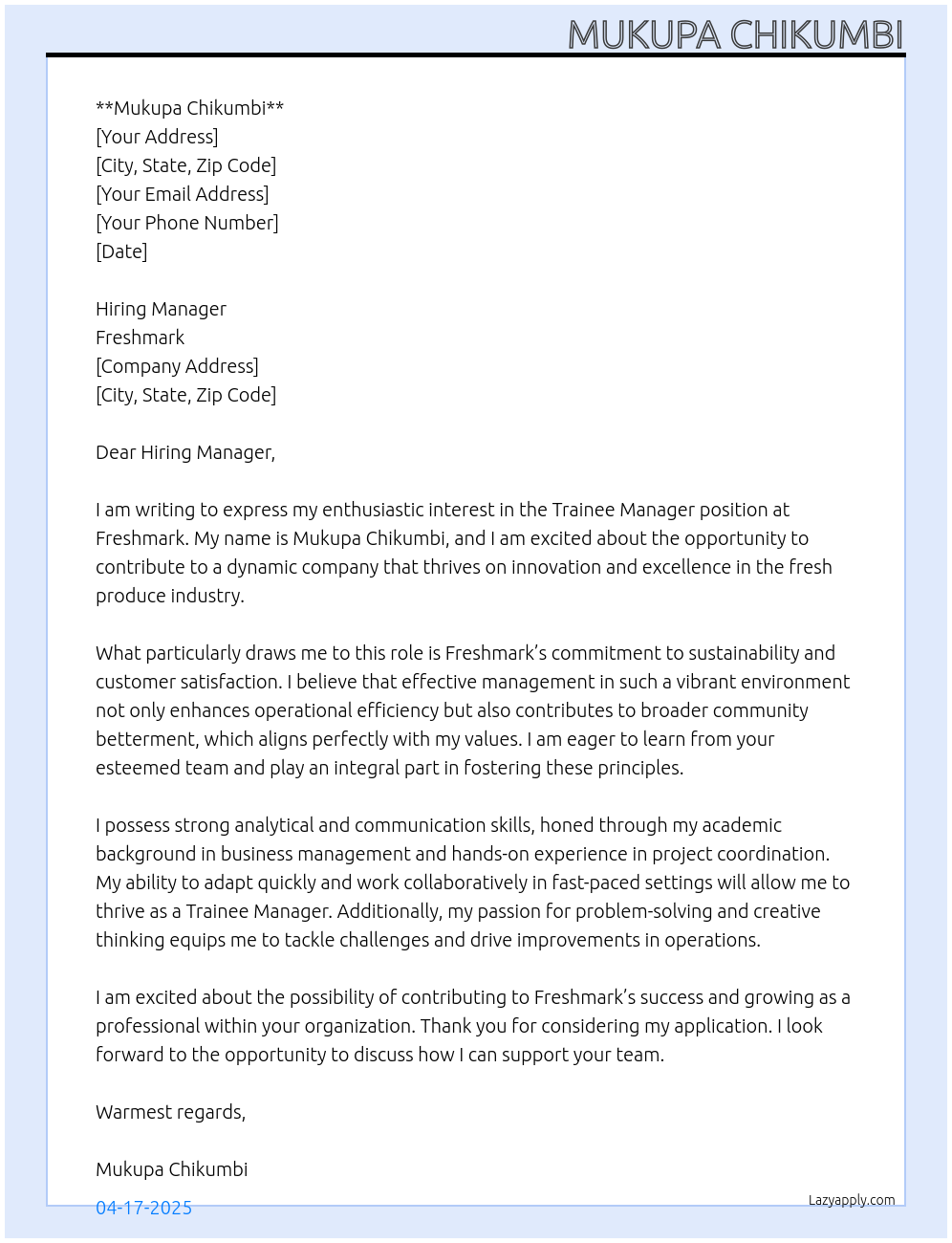 trainee manager At freshmark Cover Letter