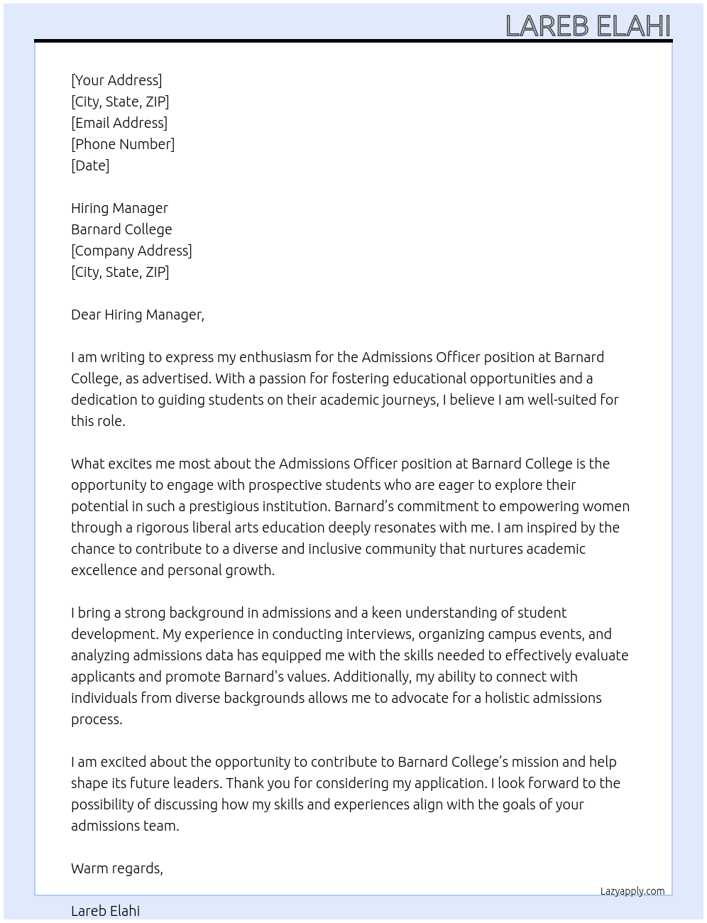 Admissions Officer At Barnard College Cover Letter