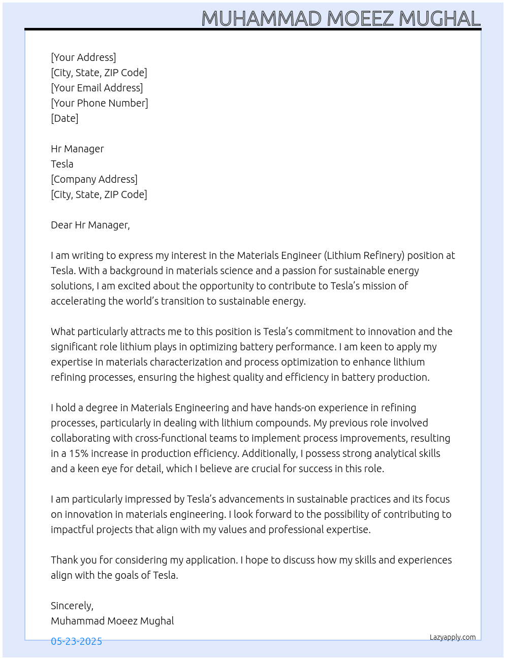 Materials Engineer (Lithium Refinery) At Tesla Cover Letter