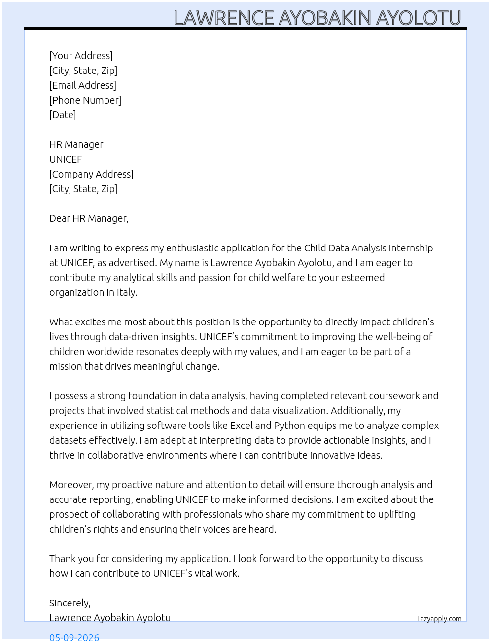 Child Data Analysis Internship a At Unicef Cover Letter