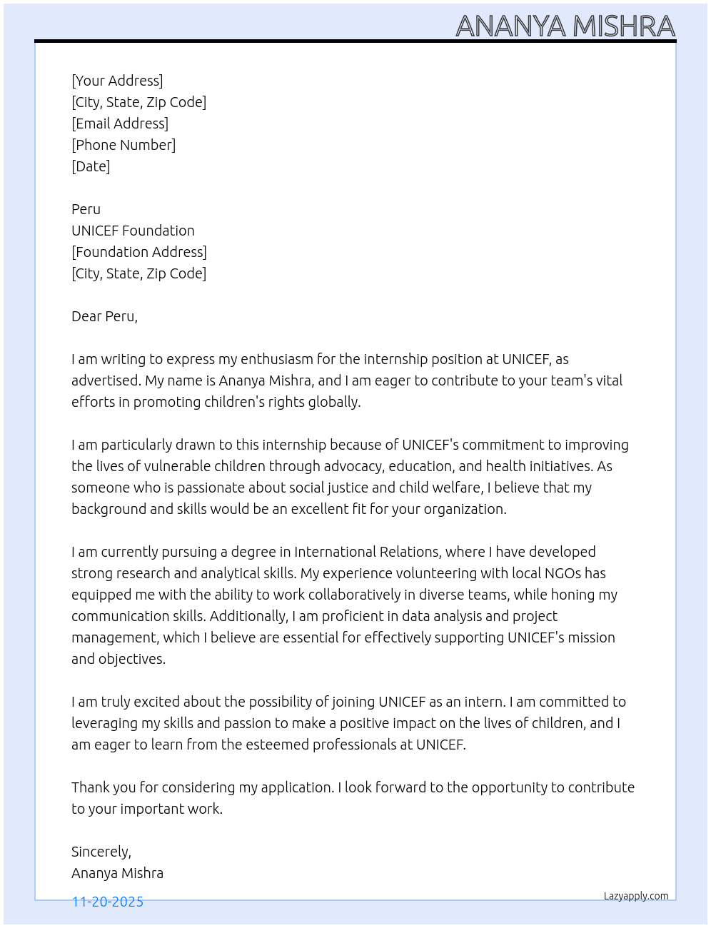 intern At UNICEF Cover Letter